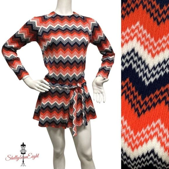 VINTAGE 60s 70s Romper Playsuit Shorts ZIGZAG S 6 - Picture 6 of 14